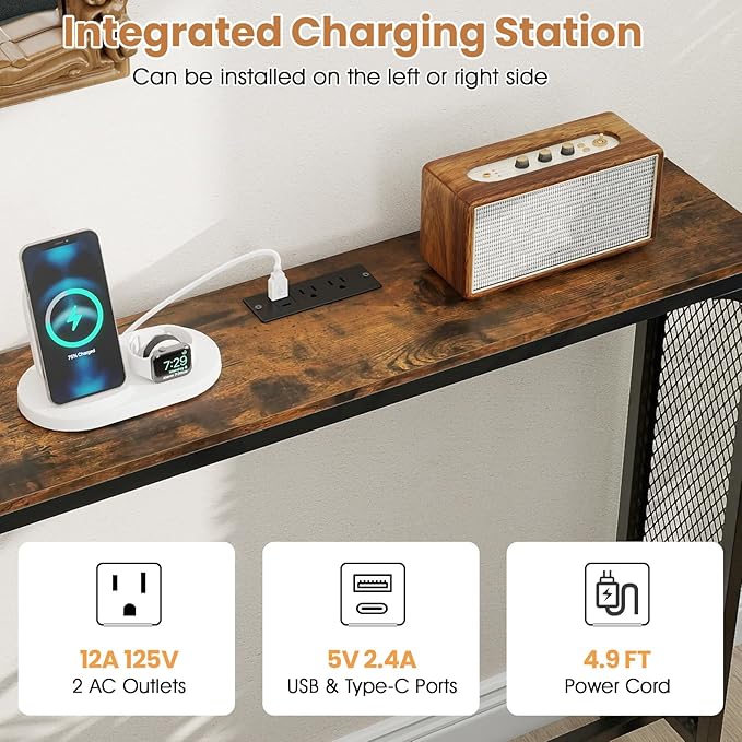 Giantex 71" Narrow Console Table with 2 Power Outlets and USB-C Ports, Sofa Tables with Charging Station & Metal Frame, Skinny Behind Couch Tables, Long Entrway Tables for Living Room, Rustic Brown