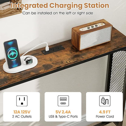 Giantex 71" Narrow Console Table with 2 Power Outlets and USB-C Ports, Sofa Tables with Charging Station & Metal Frame, Skinny Behind Couch Tables, Long Entrway Tables for Living Room, Rustic Brown