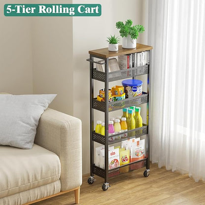 Giwil Slim Storage Cart 5 Tier Narrow Kitchen Rolling Cart on Wheels for Small Space, Metal Utility Cart Narrow Bathroom Storage Cabinet Mobile Shelf Unit Organizer with Wood Top and Handle, Black