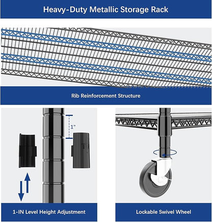 Heavy Duty Shelving, 76.2" H Garage Shelving Unit with Wheels, 4-Tier Garage Storage Shelves Metal Shelves Rack, Adjustable Industrial Shelving for Warehouse Storage, 60" W x 24" D x 76.2" H, Black