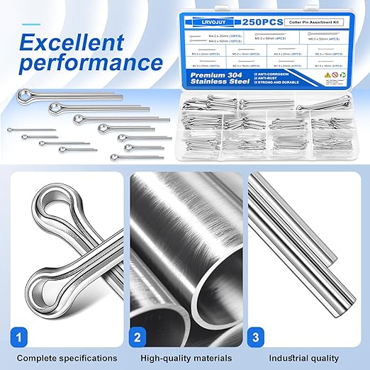 250PCS Cotter Pin Assortment Kit, 12 Sizes, 304 Stainless Steel, Hardware Pins for Trailer, Truck, Tractor, Automotive, Hitch and Locking Systems