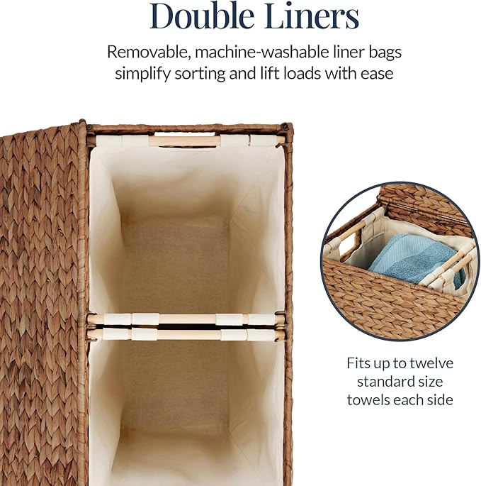 Best Choice Products Large Double Laundry Hamper with Lid, Natural Handwoven Water Hyacinth, 2 Sections w/ 2 Machine Washable Linen Liner Bags, Portable, Handles - Chestnut