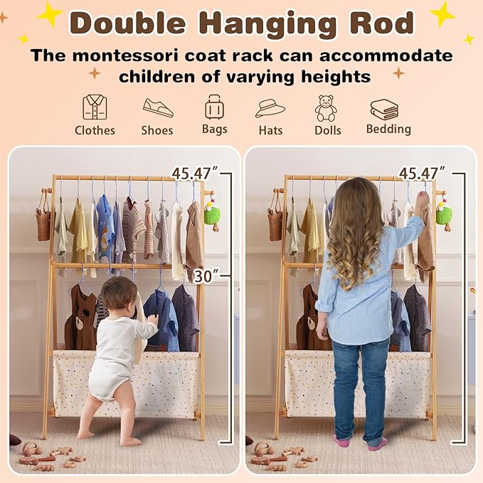 Kids Clothing Rrack- Kids Dress Up Rack for Little Girls, Bamboo Kids Clothes Rack, Toddler Dress Up Storage Rack & Folding Costume Rack, Double Rods, Pets Clothes Rack with Storage, Spot