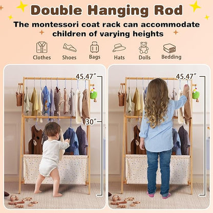 Kids Clothing Rrack- Kids Dress Up Rack for Little Girls, Bamboo Kids Clothes Rack, Toddler Dress Up Storage Rack & Folding Costume Rack, Double Rods, Pets Clothes Rack with Storage, Spot