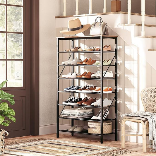 8-Tier Shoe Rack, Large Capacity Shoe Shelf, Shoe Organizer for Entryway, 28-32 Pairs of Shoes, Stable Sturdy, Tall Shoe Rack with Adjustable Metal Mesh Shelves, Rustic Brown SRHR1801Z