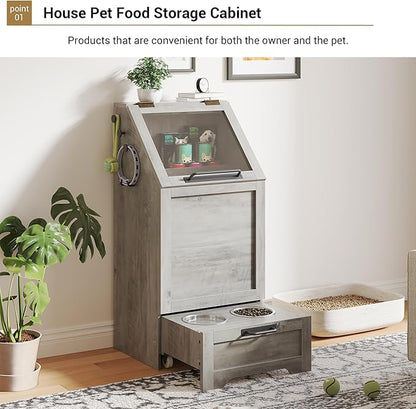 Flip Top Dog Food Storage Container, Wood Pet Storage Cabinet with 2 Pull-Out Elevated Dog Bowls, Modern Dog Food Storage Container with 3 Hooks, Pet Toy Storage Organizer, Grey