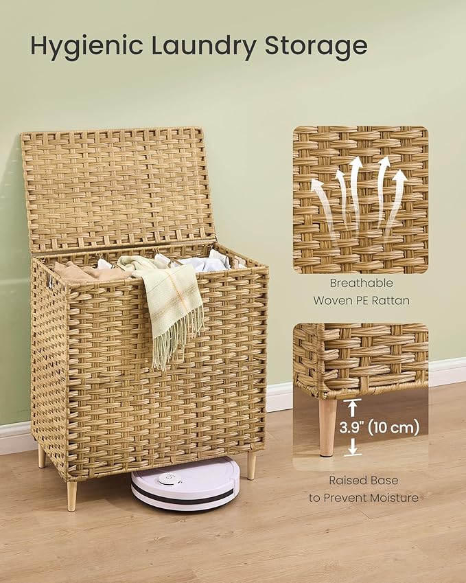 SONGMICS 3-Section Laundry Hamper with Lid, 42.2 Gal (160L) PE Rattan Laundry Basket with Removable Washable Liners, for Bedroom & Living Room, Goose Yellow ULCB223YE01