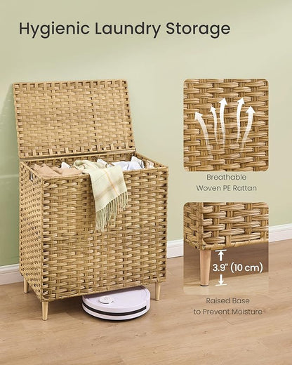 SONGMICS 3-Section Laundry Hamper with Lid, 42.2 Gal (160L) PE Rattan Laundry Basket with Removable Washable Liners, for Bedroom & Living Room, Goose Yellow ULCB223YE01