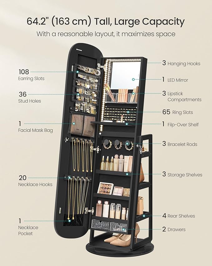 SONGMICS LED Jewelry Cabinet, 360° Swivel Jewelry Organizer, Lockable Mirror Jewelry Cabinet Standing, Rounded Wide Full-Length Mirror with Storage Shelves, Interior Mirror, Ebony Black UJJC036B01