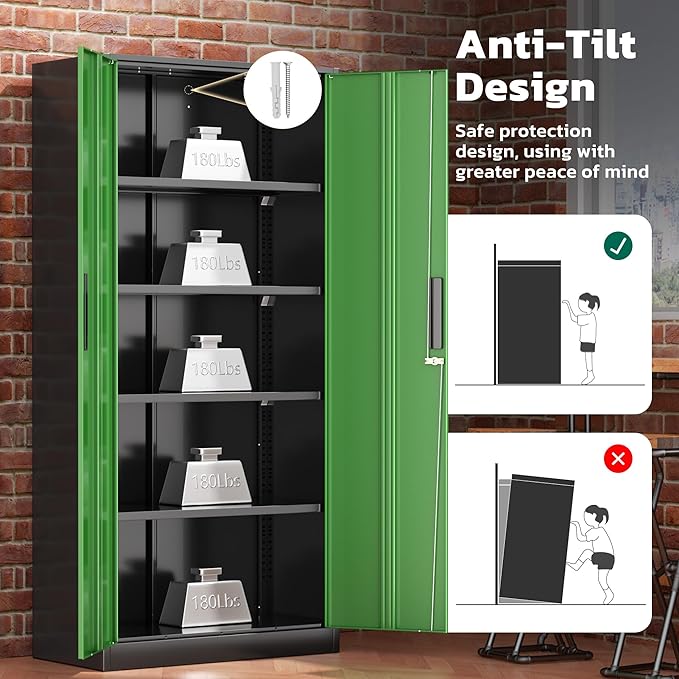 Greenvelly Metal Lockable Storage Cabinet, 72” Storage Cabinet with 2 Doors and 4 Adjustable Shelves for Office, Home, Garage, Pantry (Assembly Required, Black Green)
