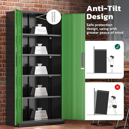 Greenvelly Metal Lockable Storage Cabinet, 72” Storage Cabinet with 2 Doors and 4 Adjustable Shelves for Office, Home, Garage, Pantry (Assembly Required, Black Green)