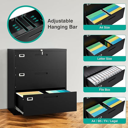 SISESOL 3 Drawer Lateral File Cabinet with Lock,Black Lateral Filing Cabinet,Horizontal Metal Filing Cabinet,Locked Wide Three Drawer File Cabinet for Office Home,Fit A4/F4/Letter/Legal File