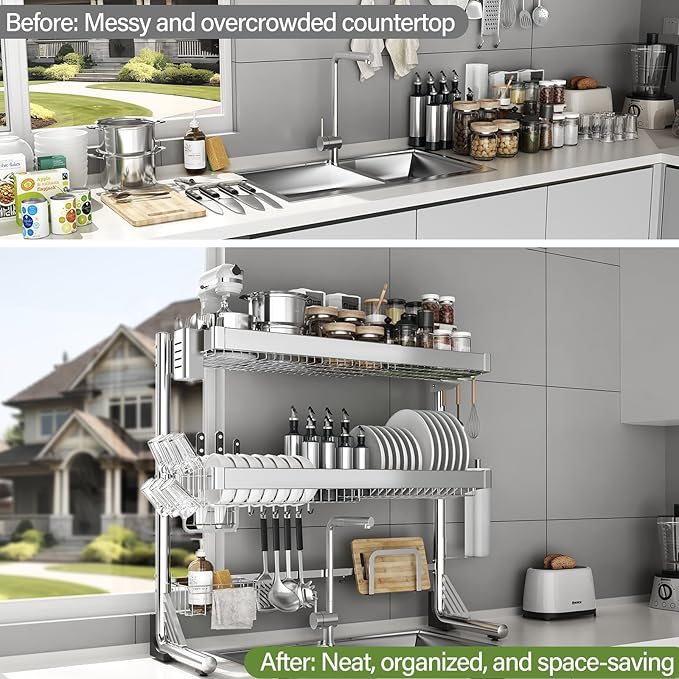Over The Sink Dish Drainer Drying Rack 3 Tier, Full Stainless Steel Dish Drying Rack Adjustable Length 20.9''-37.4'', Kitchen Sink Shelf, Organized Space-Saving Dish Rack