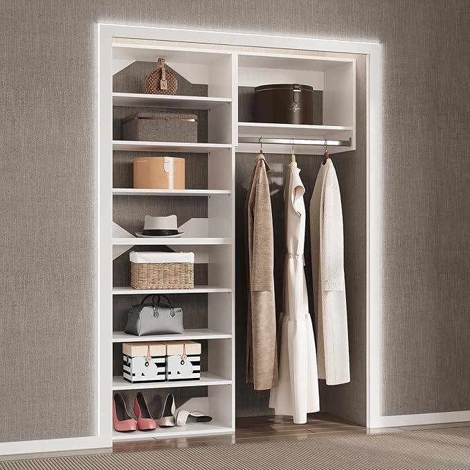 Modular Closet System, 43" Wide Organizer With Towers and Hanging, Wood Tower Storage for Walk In Closets, Wall Mounted Wardrobe Kit, Bedroom, White