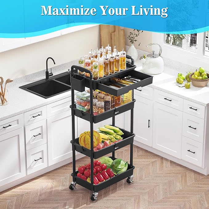 4 Tier Rolling Utility Cart with Drawer, Storage Organizer Cart with 2 Lockable Wheels, Multifunctional Rolling Storage Cart for Bathroom, Kitchen, Craft, Makeup, Baby Essentials, Black