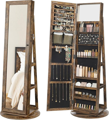 SONGMICS 360° Swivel Jewelry Cabinet, Lockable Jewelry Organizer with Full-Length Mirror, Rear Storage Shelves, Interior Mirror, Jewelry Armoire, Gift Idea, Rustic Brown UJJC006X01