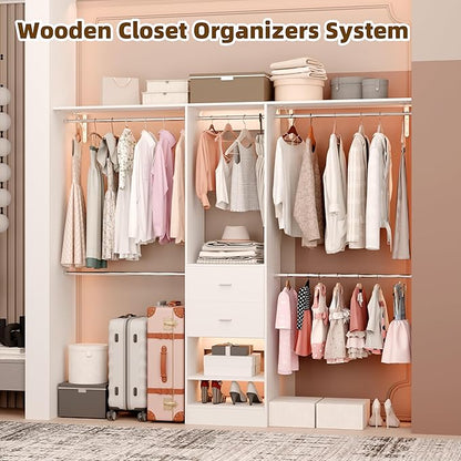 Closet System, Closet Organizer System With 2 Wood Drawers, Walk-In Closet Storage System With 5 Hanging Rods, Adjustable Cloth Garment Rack, Fits Spaces 4 to -9FT, White
