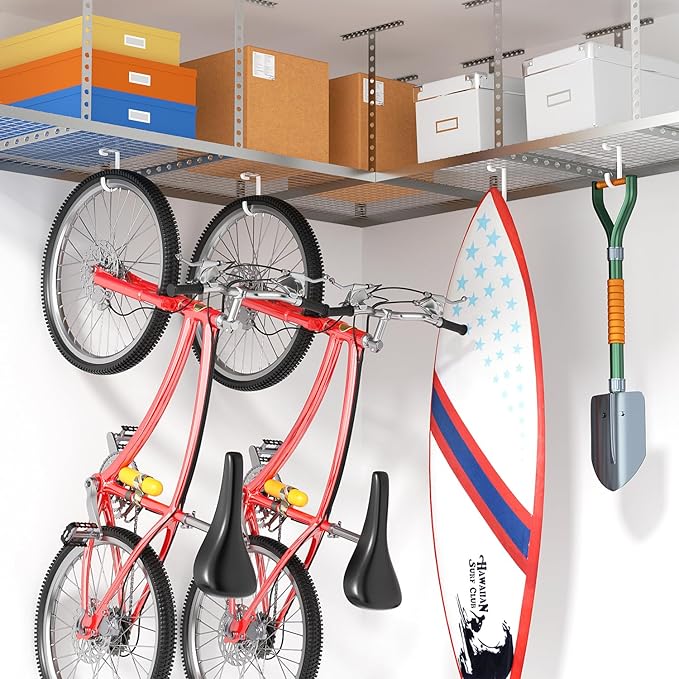 Thickened Hooks for Overhead Storage Racks,Garage Hooks for Ceiling,Add-On Storage Hook for Garage Ceiling Rack Wall Shelving,Heavy Duty Hanging Bike Hooks, Bike Hangers Bicycle Hooks 4 Pack, White