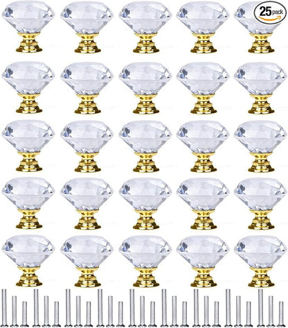YourGift 25 Pack Drawer Knobs Diamond Shaped Crystal Glass 30mm Cabinet Knobs Pull Handles (30 mm, 25 Pack, Gold)