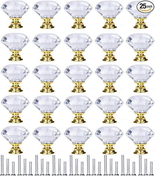 YourGift 25 Pack Drawer Knobs Diamond Shaped Crystal Glass 30mm Cabinet Knobs Pull Handles (30 mm, 25 Pack, Gold)