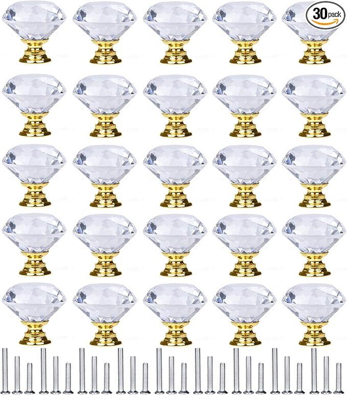 YourGift 30 Pack Drawer Knobs Diamond Shaped Crystal Glass 30mm Cabinet Knobs Pull Handle (30 mm, 30 Pack, Gold)