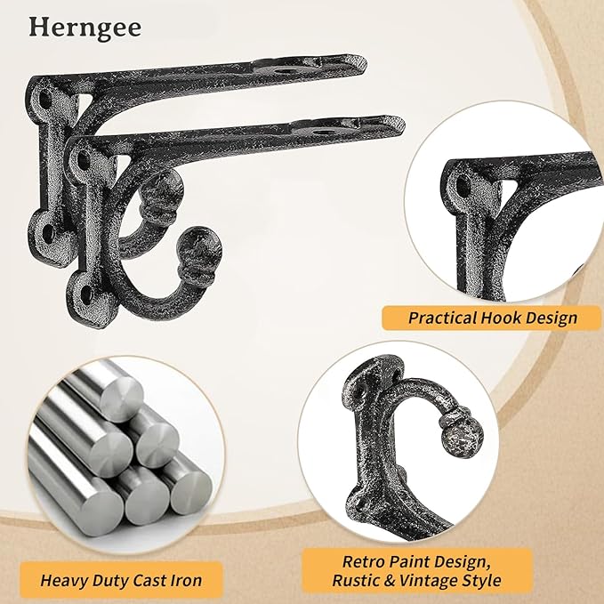 Shelf Brackets 4 Inch 2 Pack, Cast Iron Shelf Brackets for Wall Shelving, Rustic Shelving Brackets with Hooks Black, Heavy Duty Floating Brackets Wall Mounted