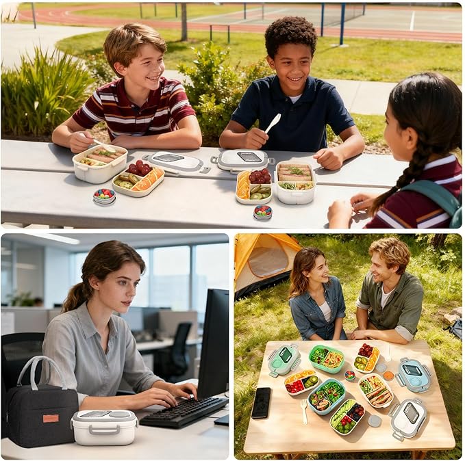All-in-one Bento Lunch Box Set for Adults & Kids with Insulated Bag, Leakproof 3-Compartment and 2-Tier Stackable Container with Portable Sauce Pod, Microwave/Dishwasher Safe, BPA-Free (White)