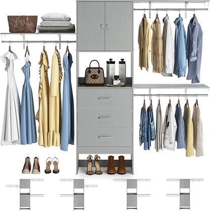 Armocity 96 Inches Closet System with Doors, 8FT Walk In Closet Organizer with 3 Shelving Towers, Heavy Duty Clothes Garment Rack with 3 Wood Drawers, 96" L x 16" W x 80" H, Max Load 1000 LBS, Grey