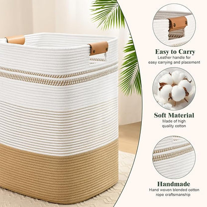 Laundry Hamper, 85L Tall Laundry Basket with Leather Handles, Rectangle Large Clothes Hamper for Organizing, Cotton Woven Laundry Baskets Storage Hampers for Bedroom, Nursery, Living Room