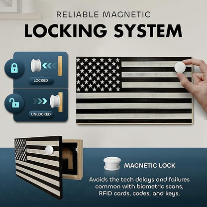 American Flag Hidden Gun Safe - Quick Access Hidden Gun Shelf - Concealment Shelf with Magnetic Lock - Wall Gun Safe for Secure Firearm Storage - by Bellewood Designs (Black & White Distressed)