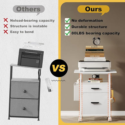 File Cabinet Printer Stand, Fabric Mobile Filing Cabinet with 2 Storage Drawers, for Hanging A4, Letter Size File Folders, Open Shelf with Storage Bag and Hooks Home Office, White