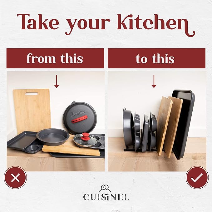 Cuisinel Pot Lid and Dish Organizer Rack - Satin Nickel Kitchen Storage/Organization Stand - 7-Tier Cabinet/Counter, Cookware, Pots and Pan Lids/Covers, Cutting Board Holder Organizer