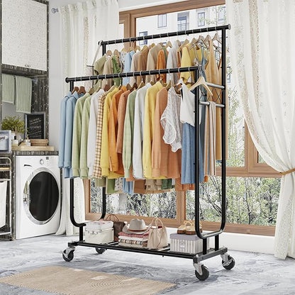 Heavy Duty Clothes Rack, Rolling Clothing Rack With Shelves Load 450 LBS, Double Rod Clothing Racks with Wheels for Hanging Clothes, Black