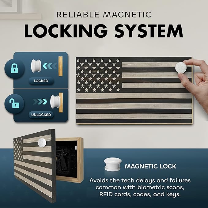 American Flag Hidden Gun Safe - Quick Access Hidden Gun Shelf - Concealment Shelf with Magnetic Lock - Wall Gun Safe for Secure Firearm Storage - Handcrafted In USA by Bellewood Designs (Gray & White)