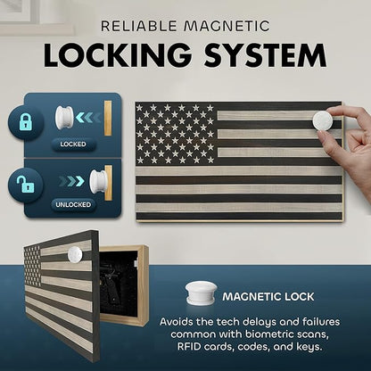 American Flag Hidden Gun Safe - Quick Access Hidden Gun Shelf - Concealment Shelf with Magnetic Lock - Wall Gun Safe for Secure Firearm Storage - Handcrafted In USA by Bellewood Designs (Gray & White)