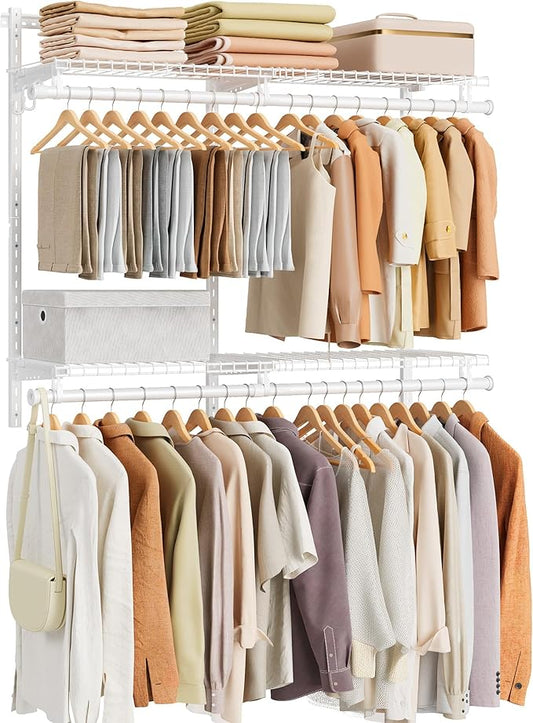 SONGMICS HOME Closet System, Closet Insert Organizer, 4-6 ft, Adjustable Metal Shelving Unit with 4 Hanging Rods, 4 Shelves, and Hooks, for Pantry Mudroom Garage Basement, Cloud White URGR031W01