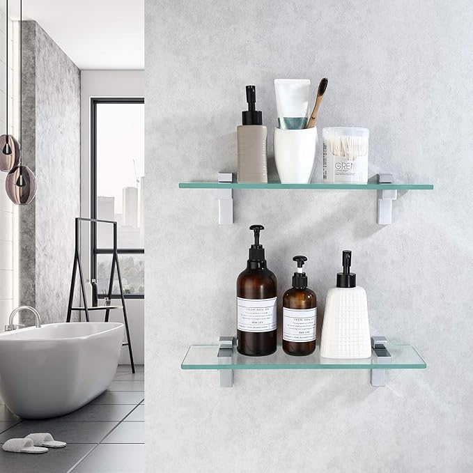 KES Glass Shelves for Bathroom, Bathroom Tempered Glass Shelf Rectangle 16 Inch Bracket Wall Mount 2 Pack Polished Chrome, BGS3201S40-P2
