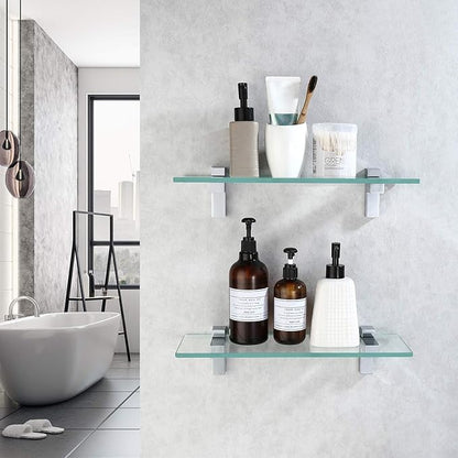 KES Glass Shelves for Bathroom, Bathroom Tempered Glass Shelf Rectangle 16 Inch Bracket Wall Mount 2 Pack Polished Chrome, BGS3201S40-P2