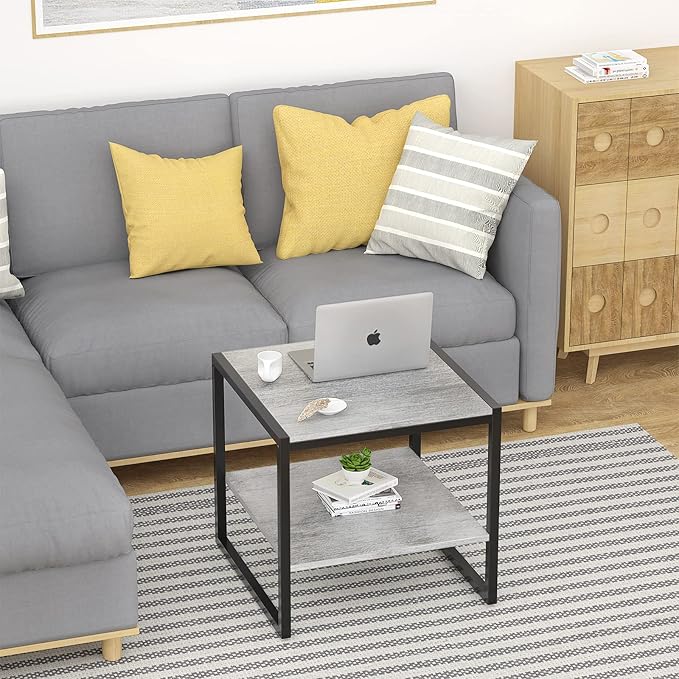 Homieasy End Table, 20 Inch Square End Table, Mini Fridge Stand with 2-Tier Storage Shelves, Industrial Wood Side Table Small Table Stand for Living Room, Bedroom, Office, Light Oak