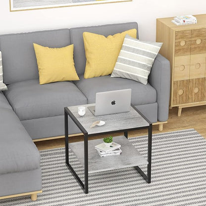 Homieasy End Table, 20 Inch Square End Table, Mini Fridge Stand with 2-Tier Storage Shelves, Industrial Wood Side Table Small Table Stand for Living Room, Bedroom, Office, Light Oak
