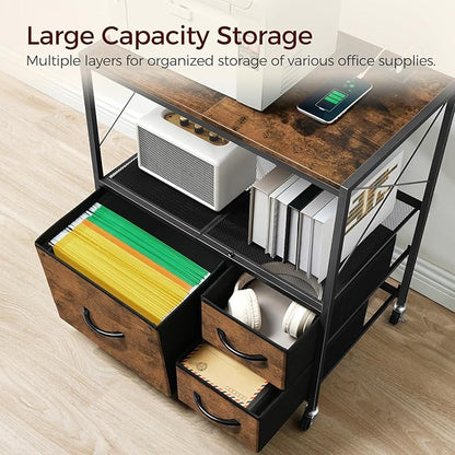 File Cabinet with Charging Station, 3 Drawer Lateral Filing Cabinet for Home Office, Mobile Printer Stand with Open Shelf, Fits A4/Letter Size File, Nonwovens Drawer, Rustic Brown FCHR98E01