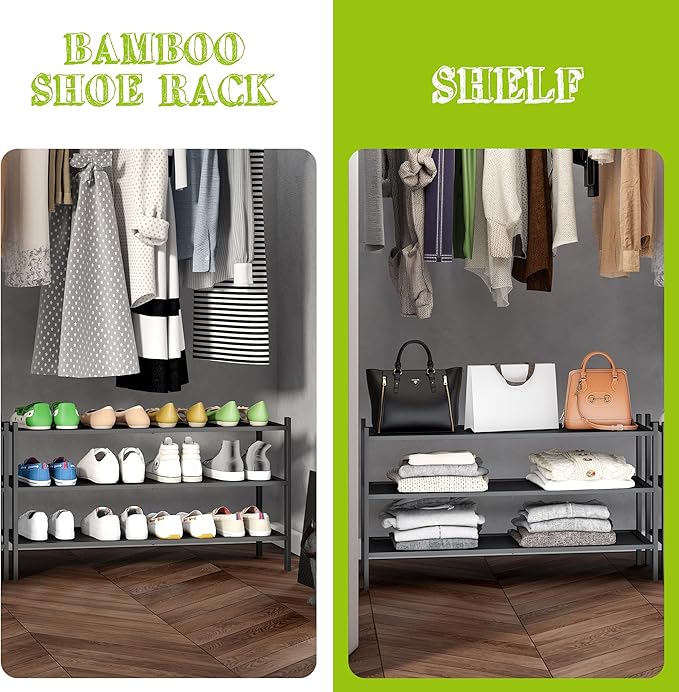 BMOSU 3-Tier Bamboo Extended Shoe Rack Premium Stackable Shoe Shelf Storage Organizer for Hallway Closet Living Room Entryway Organizer(Black)