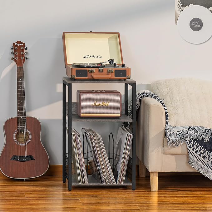 LELELINKY 3 Tier End Table,Record Player Stand with Storage Up to 100 Albums,Turntable Stand for Vinyl, Light Gray Records Shelf for Living Room Bedroom