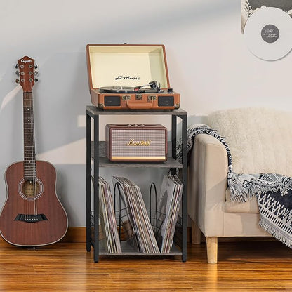 LELELINKY 3 Tier End Table,Record Player Stand with Storage Up to 100 Albums,Turntable Stand for Vinyl, Light Gray Records Shelf for Living Room Bedroom