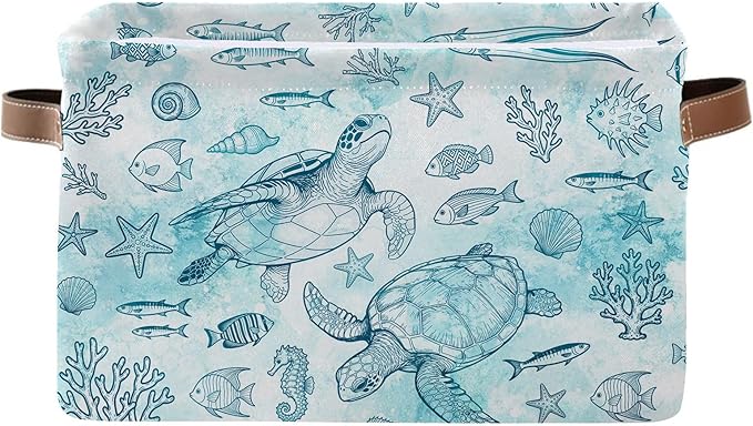 Rectangle Ocean Sea Turtle Storage Basket, Storage Box Bin with Handles for Toy, Collapsible Laundry Hamper, Laundry Organizer for Room Nursery, Gifts for Chritsmas Thanksgiving 14.9x11x9.4