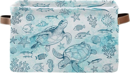 Rectangle Ocean Sea Turtle Storage Basket, Storage Box Bin with Handles for Toy, Collapsible Laundry Hamper, Laundry Organizer for Room Nursery, Gifts for Chritsmas Thanksgiving 14.9x11x9.4