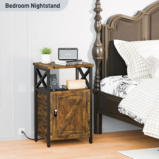 Wooden Nightstand with Lock, Bedside Table with Drawer, Bed Side Table with Charging Station, 3 USB & 2 Outlets, Night Stand with Storage Cabinet, End Table for Bedroom, Brown