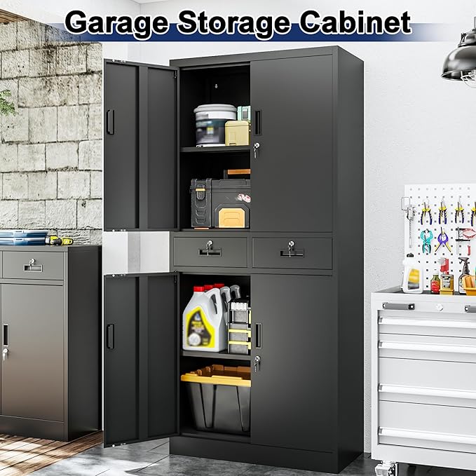 BESFUR Metal Garage Storage Cabinet with Two Drawers Locking Doors and 2 Adjustable Shelves, Black Tall Storage Cabinets, Tool File Lockable Cabinet for Garage Office Warehouse Shop(71”H)