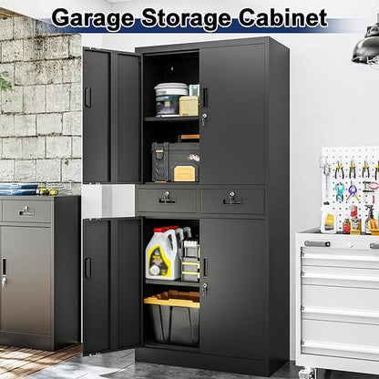 BESFUR Metal Garage Storage Cabinet with Two Drawers Locking Doors and 2 Adjustable Shelves, Black Tall Storage Cabinets, Tool File Lockable Cabinet for Garage Office Warehouse Shop(71”H)