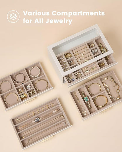 Lolalet Jewelry Box Organizer, 4-Layer Jewelry Organizers and Storage Case with Glass Lid, Ring Earring Bracelet Necklace Holder Organizer, Birthday Valentine Gifts for Women Girls -4Layer, Beige